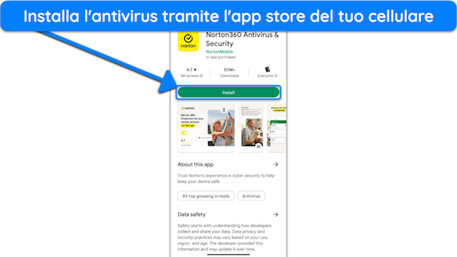 Screenshot che mostra come installare Norton tramite il Play Store di Google