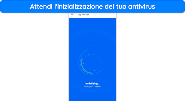 Screenshot che mostra l'inizializzazione di Norton su Android dopo il primo accesso