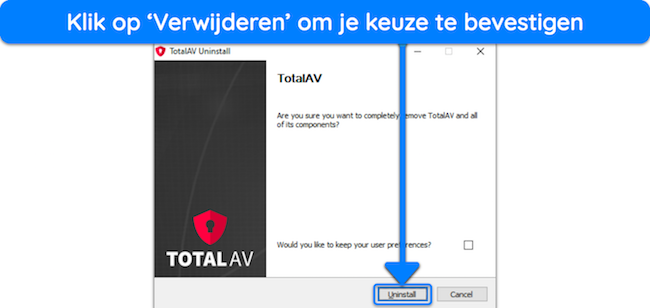 Schermafbeelding die laat zien hoe u de de&iuml;nstallatie van TotalAV kunt starten