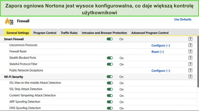Zdjęcie recenzji bezpieczeństwa Norton Firewall wysoce konfigurowalny