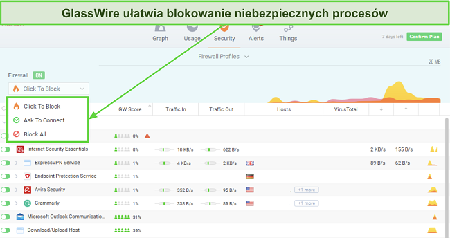Zrzut ekranu pokazujący, jak blokować procesy w GlassWire