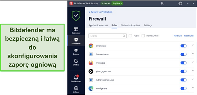 Zdjęcie interfejsu zapory ogniowej Bitdefender