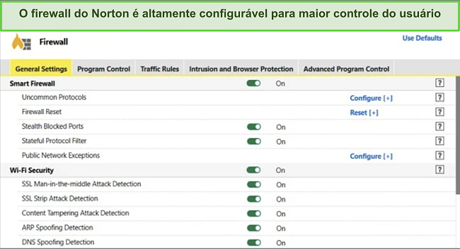 Imagem da revis&atilde;o de seguran&ccedil;a do Norton Firewall altamente configur&aacute;vel
