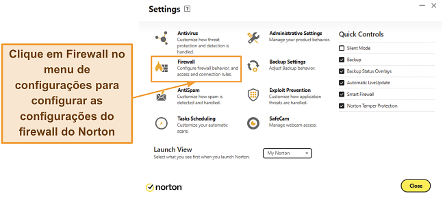 Captura de tela mostrando como acessar as configura&ccedil;&otilde;es do firewall Norton