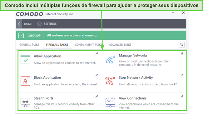 Captura de tela mostrando as v&aacute;rias caracter&iacute;sticas de prote&ccedil;&atilde;o do firewall Comodo