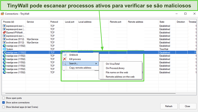 Captura de tela mostrando como voc&ecirc; pode usar o TinyWall para escanear processos ativos