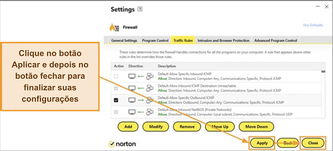 Imagem do Norton confirmando as configura&ccedil;&otilde;es do firewall