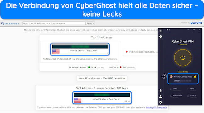 Screenshot eines Datenlecktests, bei dem keine Daten angezeigt wurden, w&auml;hrend eine Verbindung zu einem CyberGhost-Server in New York bestand