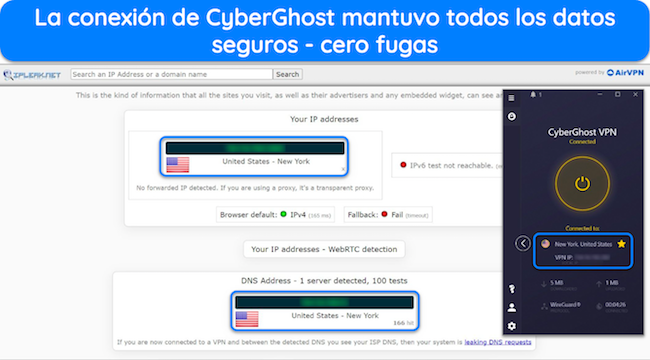 Captura de pantalla de una prueba de fuga de datos que no revel&oacute; datos mientras estaba conectado a un servidor CyberGhost en Nueva York