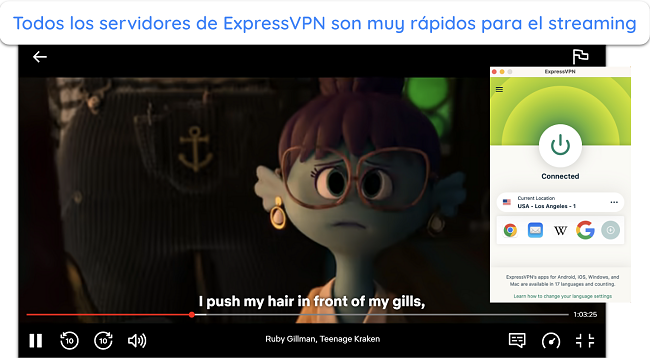 Captura de pantalla de Ruby Gillman, Teenage Kraken jugando en Netflix mientras ExpressVPN est&aacute; conectado a un servidor en EE. UU.