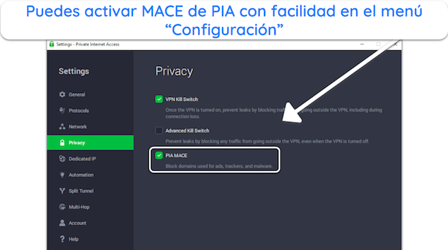 Captura de pantalla de la funci&oacute;n MACE de PIA en Configuraci&oacute;n
