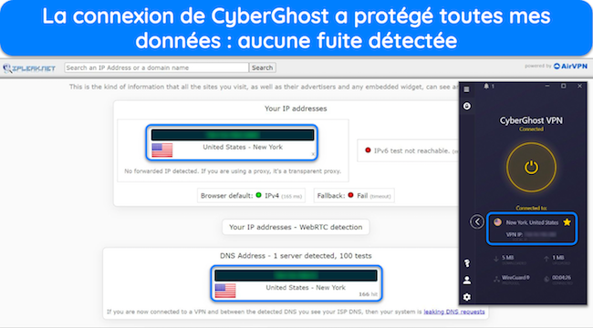 Capture d'&eacute;cran d'un test de fuite de donn&eacute;es ne r&eacute;v&eacute;lant aucune donn&eacute;e lors d'une connexion &agrave; un serveur CyberGhost &agrave; New York