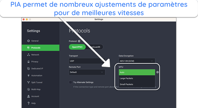 Capture d'&eacute;cran des r&eacute;glages de la taille des paquets dans l'appli PIA