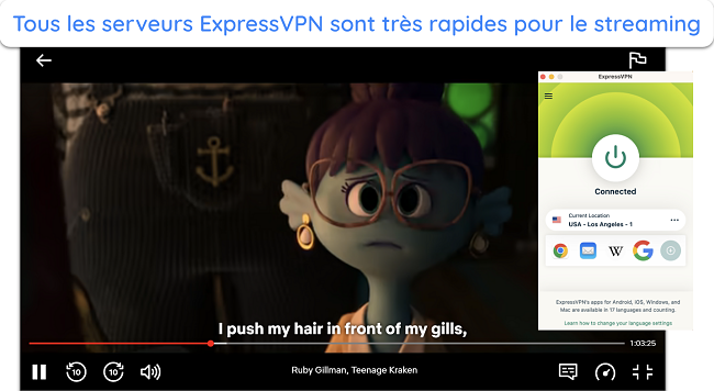 Capture d'&eacute;cran de Ruby Gillman, Teenage Kraken sur Netflix alors qu'ExpressVPN est connect&eacute; &agrave; un serveur aux &Eacute;tats-Unis