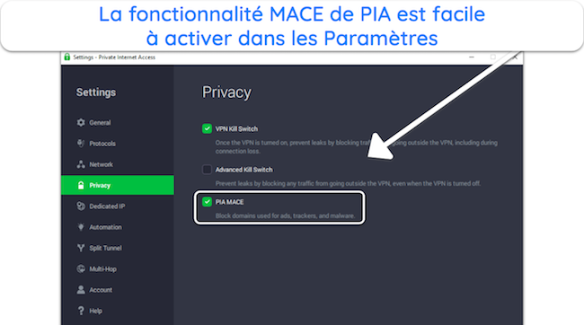 Capture d'&eacute;cran de la fonctionnalit&eacute; MACE de PIA dans Param&egrave;tres