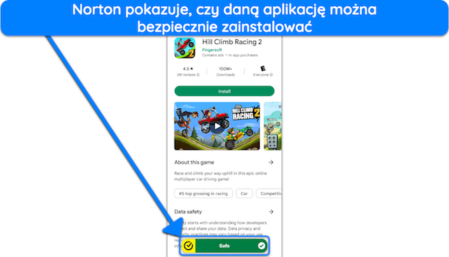 Zrzut ekranu przedstawiający funkcję Doradca aplikacji Norton przedstawiającą aplikację, kt&oacute;rą można bezpiecznie zainstalować