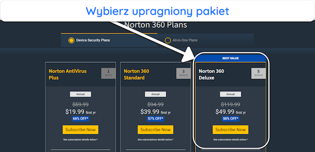 Zrzut ekranu przedstawiający r&oacute;żne plany subskrypcji Norton