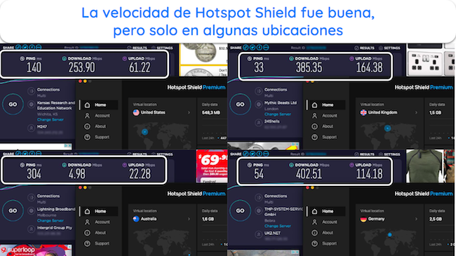 Captura de pantalla de 4 pruebas de velocidad mientras Hotspot Shield est&aacute; conectado a servidores en EE. UU., Reino Unido, Alemania y Australia