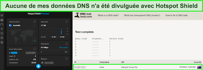Capture d'&eacute;cran du test de fuite DNS Hotspot Shield.