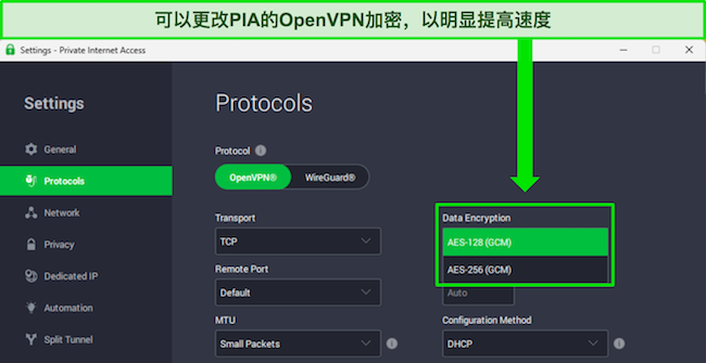 PIA 的 Windows 应用程序显示 OpenVPN 的可自定义加密级别。