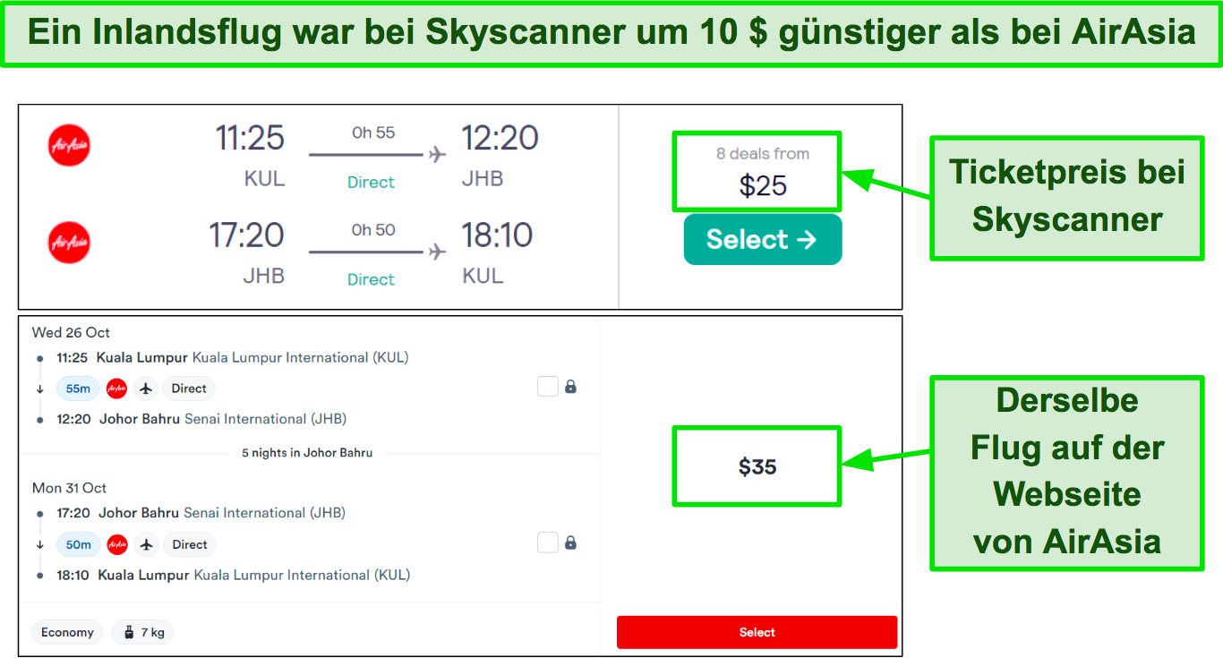 Vergleich von Flugpreisen zwischen Skyscanner und AirAsia f&uuml;r denselben Flug