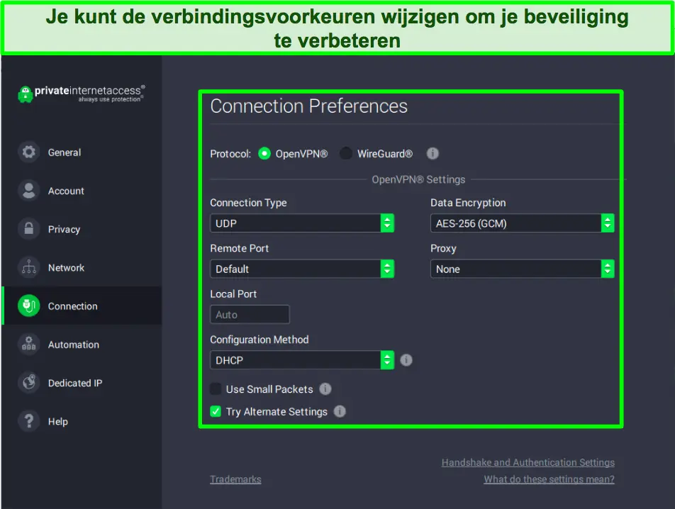 Schermafbeelding van protocolinstellingen in de PIA-app