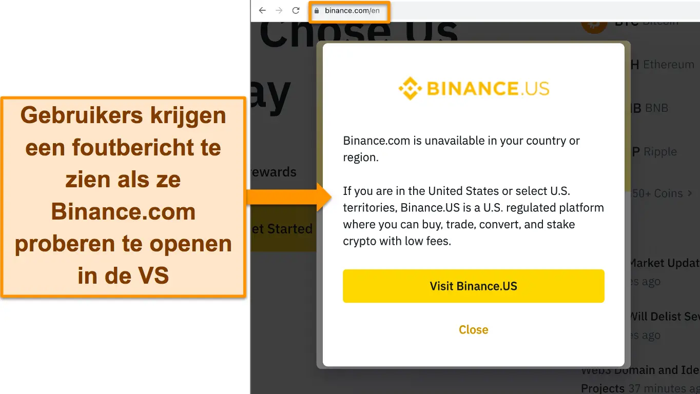 Schermafbeelding van de foutmelding van Binance.com wanneer je probeert verbinding te maken vanuit de VS.