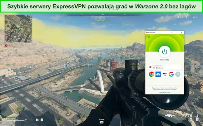 Zrzut ekranu przedstawiający ExpressVPN połączony z serwerem w Wielkiej Brytanii podczas gry w Warzone 2.0
