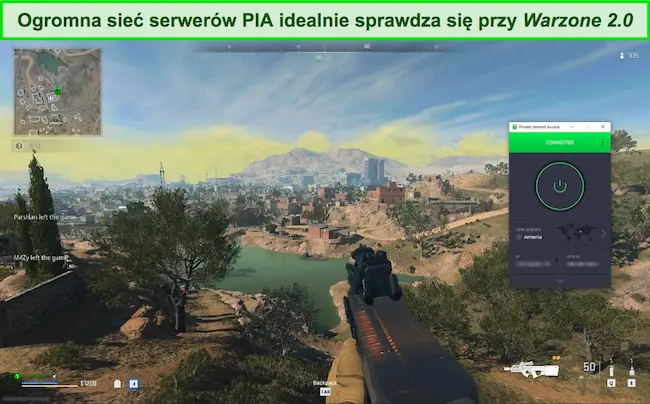 Zrzut ekranu przedstawiający prywatny dostęp do Internetu podłączony do serwera ormiańskiego podczas gry w Warzone 2.0