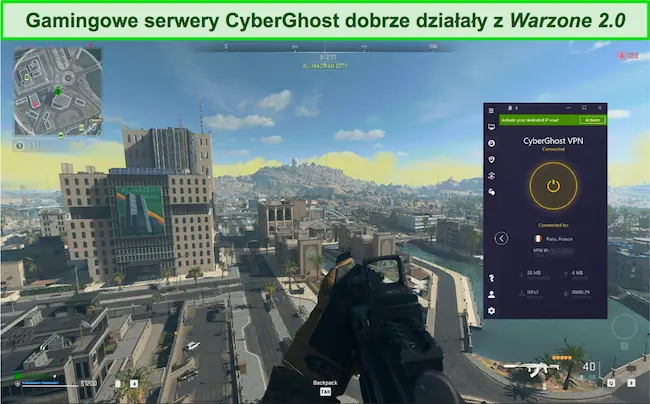 Zrzut ekranu przedstawiający CyberGhost VPN podłączony do francuskiego serwera podczas gry w Warzone 2.0