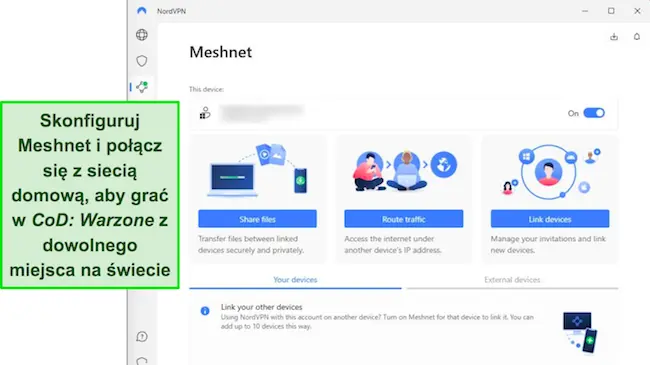 Zrzut ekranu przedstawiający funkcję Meshnet NordVPN w aplikacji dla systemu Windows
