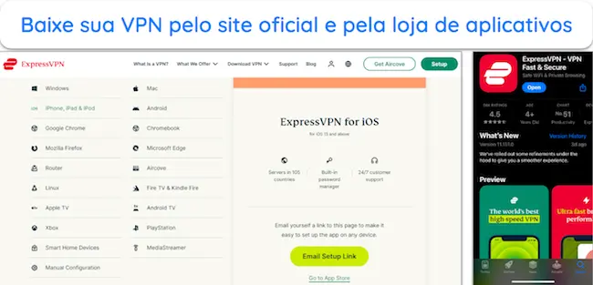 imagens das opções de transferência de dispositivos da ExpressVPN e da página ExpressVPN da Apple App Store
