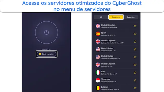 imagem da aplicação iOS do CyberGhost, mostrando o menu dos servidores de streaming