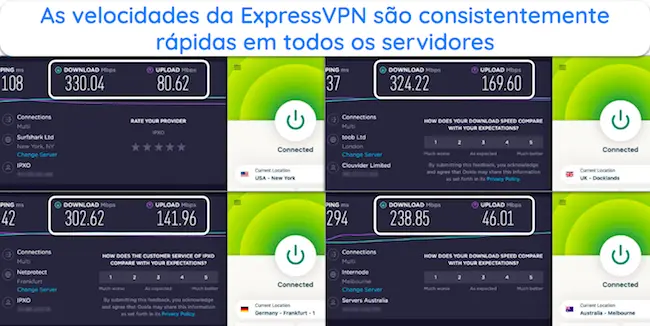 imagens dos resultados dos testes de velocidade da Ookla com ExpressVPN ligados a servidores nos EUA, Reino Unido, Alemanha e Austrália