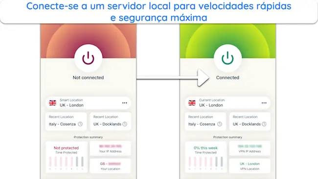 capturas de ecrã da aplicação iOS da ExressVPN, mostrando a diferença entre a ausência de ligação VPN e uma ligação de servidor VPN local
