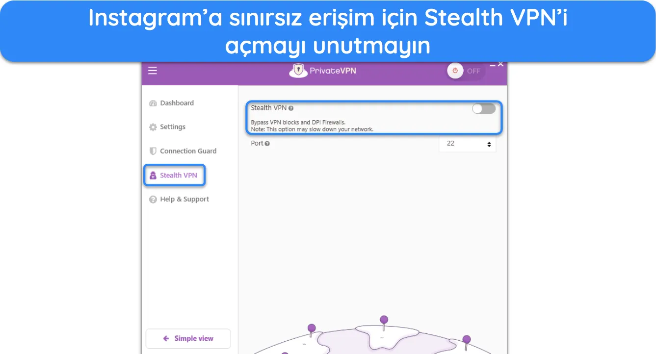 PrivateVPN'de Stealth VPN özelliğini nasıl etkinleştirebileceğinizi gösteren ekran görüntüsü