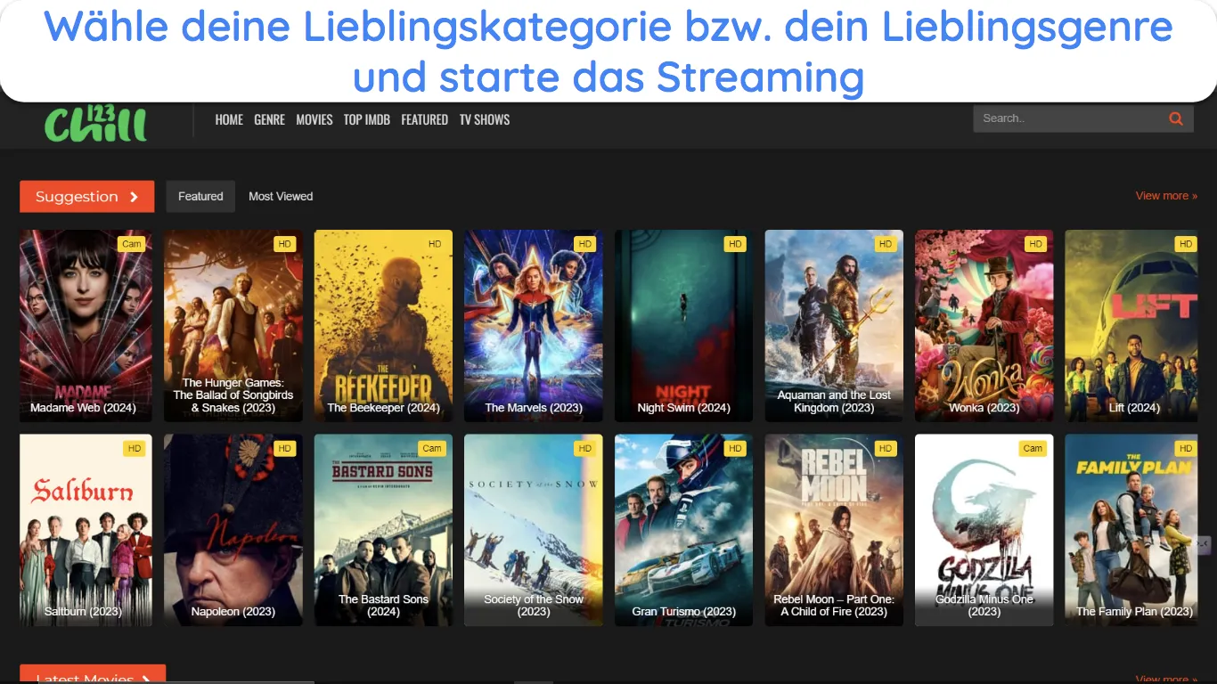 Screenshot der vorgeschlagenen Filmauswahl auf 123Chill.