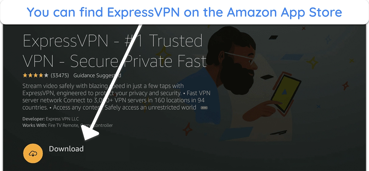 Screenshot of how find ExpressVPN's app on Amazon App Store and download it on a Fire Stick