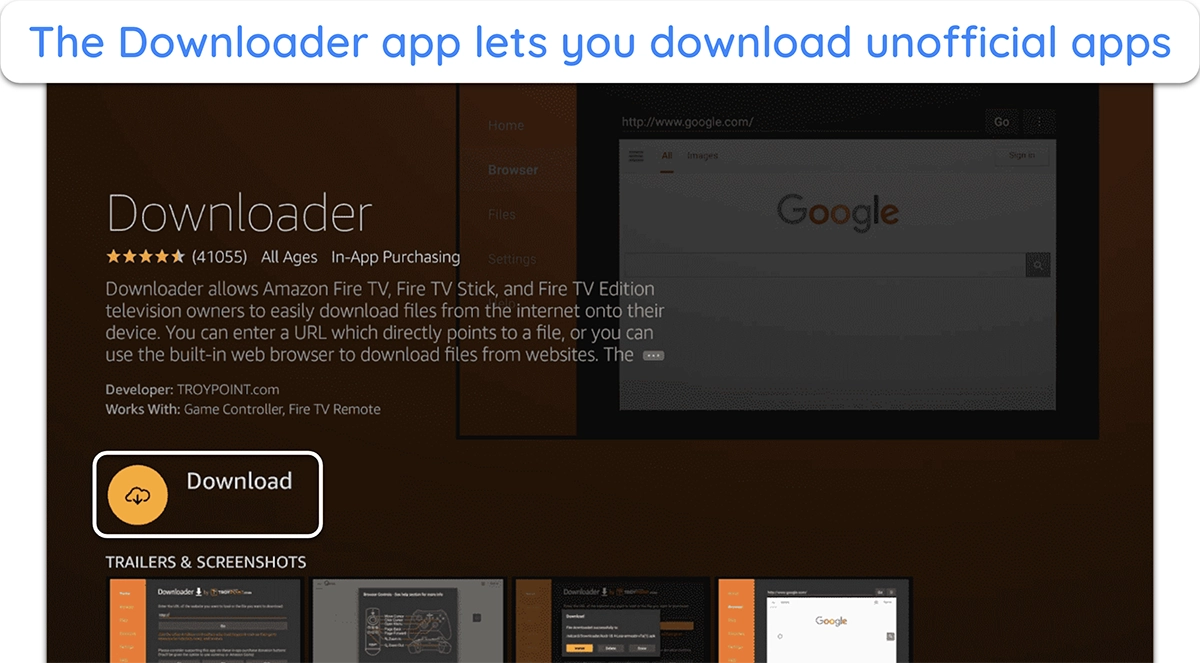 Screenshot of the Downloader app on the Amazon App Store