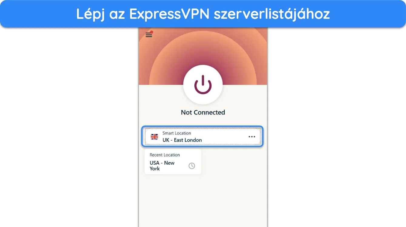 K&eacute;pernyők&eacute;p, amely bemutatja, hogyan lehet el&eacute;rni az ExpressVPN szerverlist&aacute;j&aacute;t.