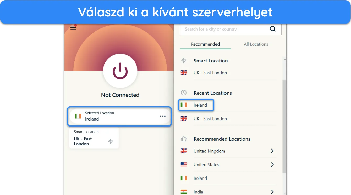 K&eacute;pernyők&eacute;p, amely bemutatja, hogyan v&aacute;lasszuk ki az ExpressVPN-kiszolg&aacute;l&oacute; prefer&aacute;lt hely&eacute;t.