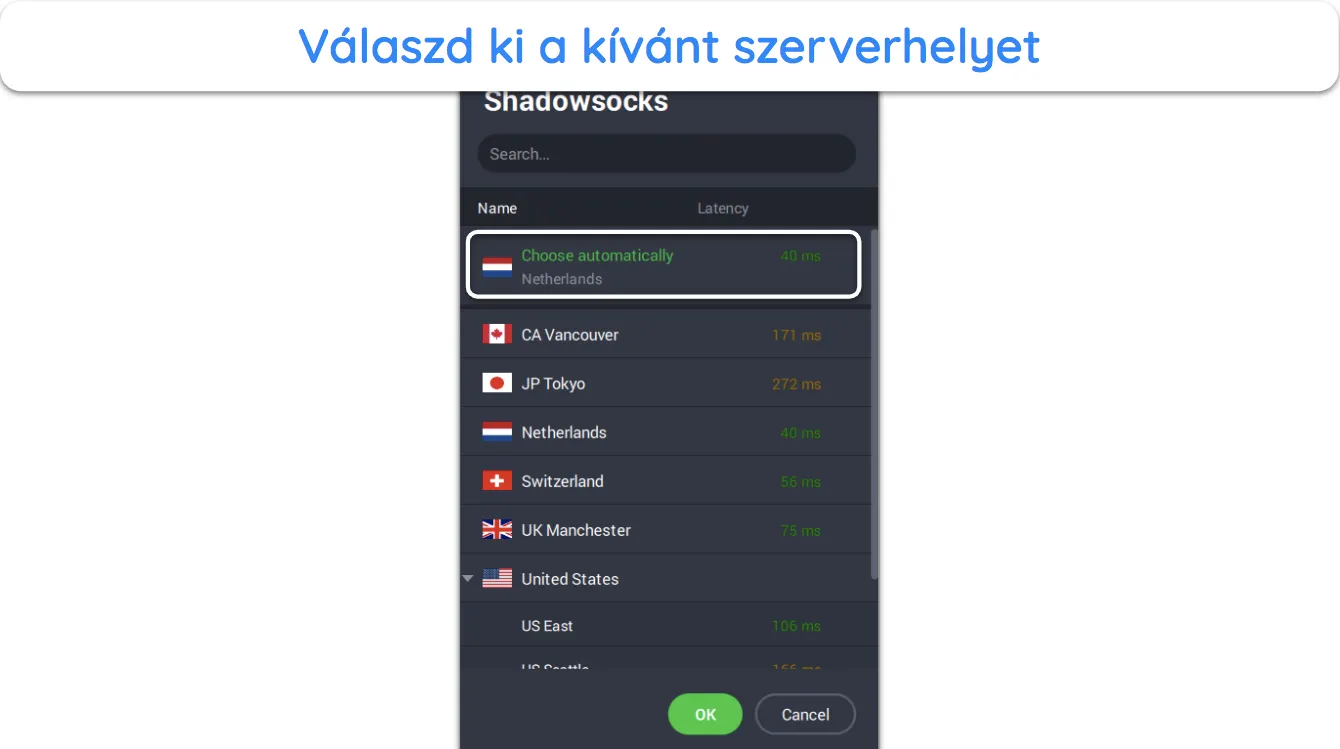 K&eacute;pernyők&eacute;p, amely bemutatja, hogyan v&aacute;lasszon előnyben r&eacute;szes&iacute;tett szervert a Shadowsocks &eacute;s a Multi-Hop alkalmaz&aacute;shoz a PIA-ban.