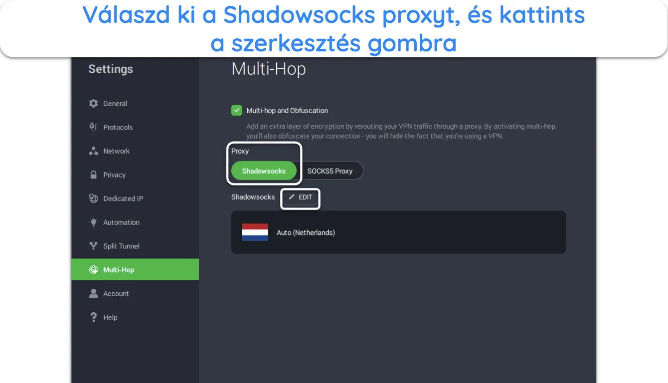 K&eacute;pernyők&eacute;p, amely bemutatja, hogyan kell haszn&aacute;lni a Shadowsocks proxyt a PIA-ban val&oacute; hom&aacute;lyos&iacute;t&aacute;shoz.