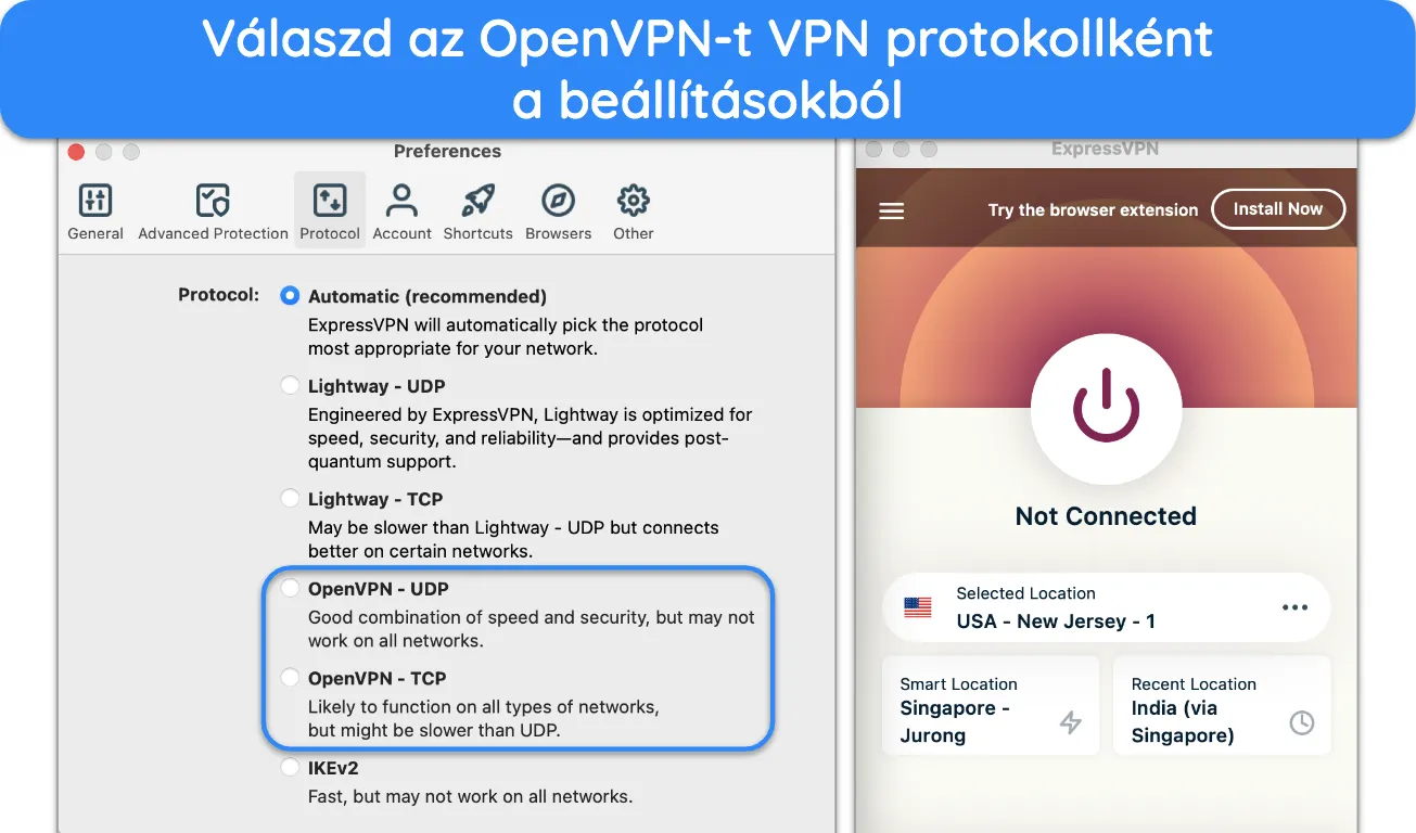 K&eacute;pernyők&eacute;p az ExpressVPN protokolllist&aacute;j&aacute;r&oacute;l, amely az OpenVPN UDP &eacute;s TCP be&aacute;ll&iacute;t&aacute;sait mutatja