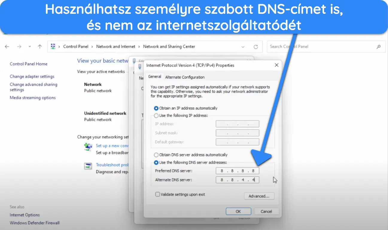 K&eacute;pernyők&eacute;p az egy&eacute;ni DNS-c&iacute;m haszn&aacute;lat&aacute;r&oacute;l Windows rendszeren.