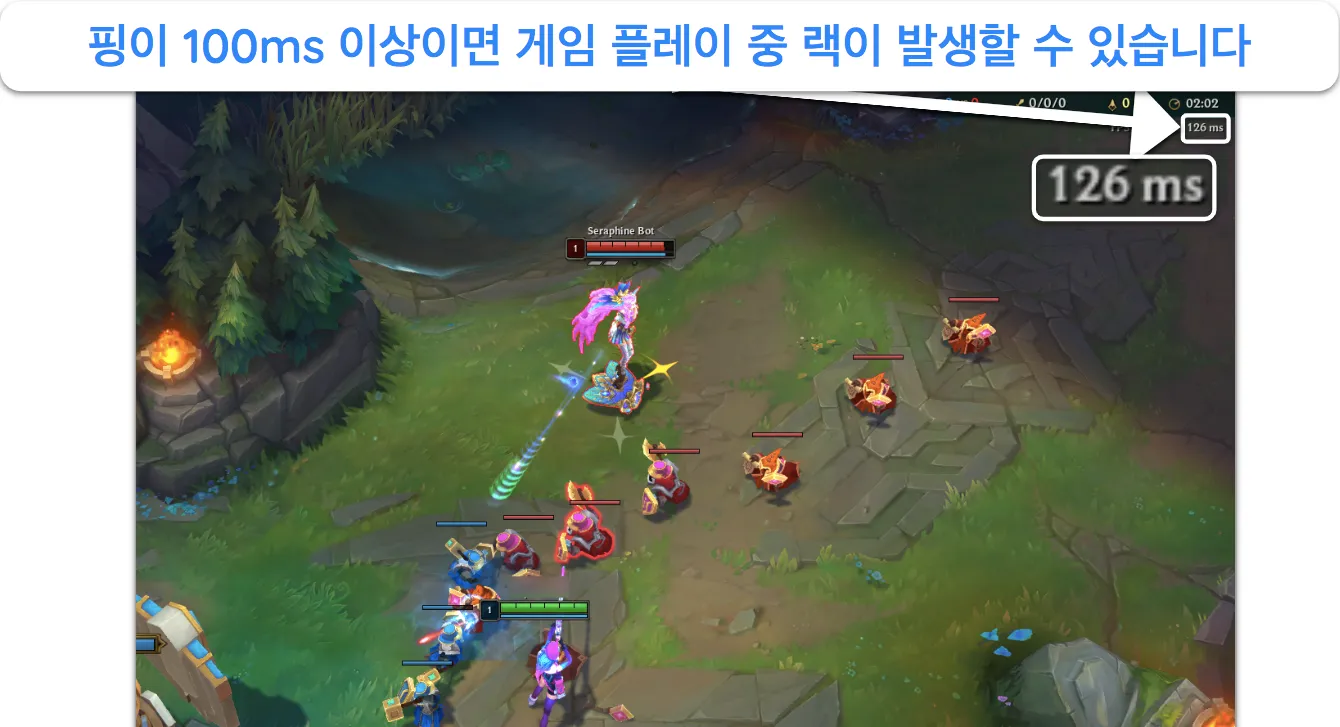 온라인 게임에서 지연을 일으키는 ping을 강조한 스크린샷.