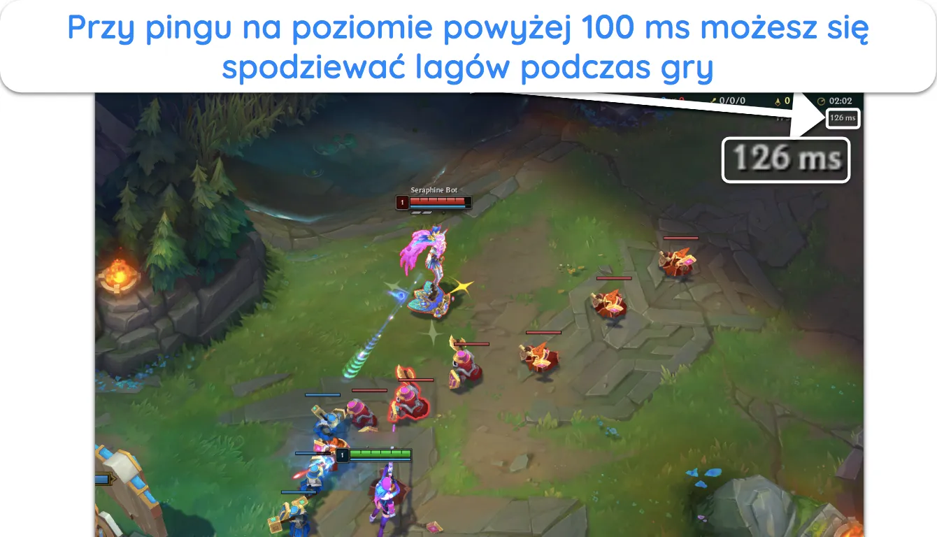 Zrzut ekranu pokazujący, jaki ping powoduje op&oacute;źnienia w grach online.