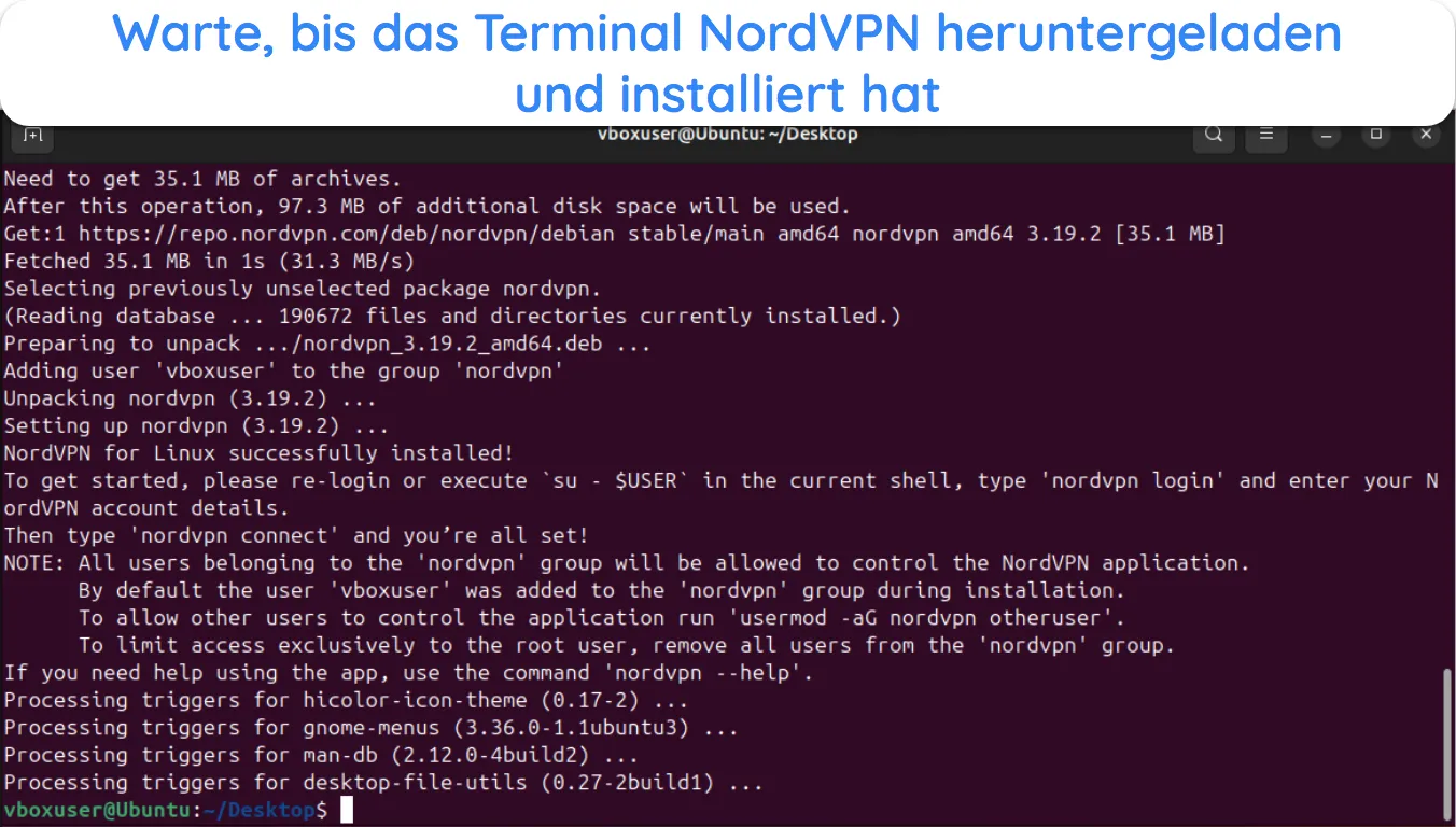 Screenshot des Linux-Terminals, das NordVPN herunterl&auml;dt und installiert.
