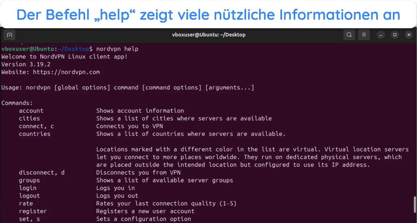 Screenshot, der die verschiedenen in NordVPN f&uuml;r Linux verf&uuml;gbaren Terminalbefehle zeigt.