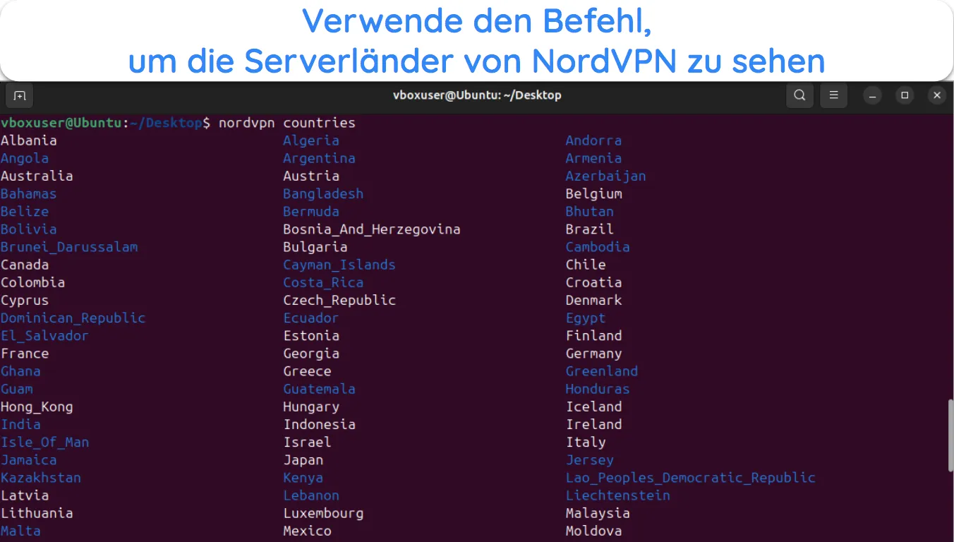 Screenshot, der zeigt, wie man alle verf&uuml;gbaren NordVPN-Serverl&auml;nder unter Linux anzeigt.